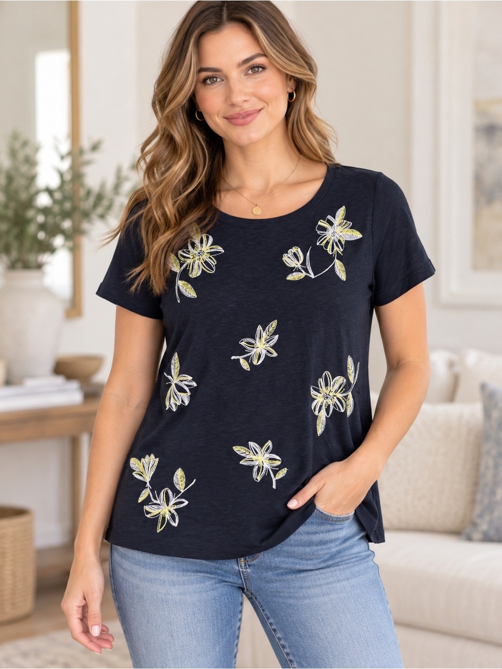 Talbots Floral Embroidered Short Sleeve Knit Tee - Size MP
